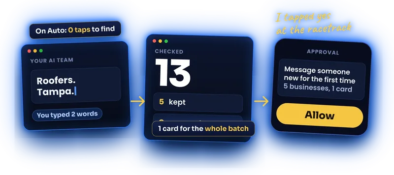 The AI Agency Engine Find flow, from two typed words to one approval card