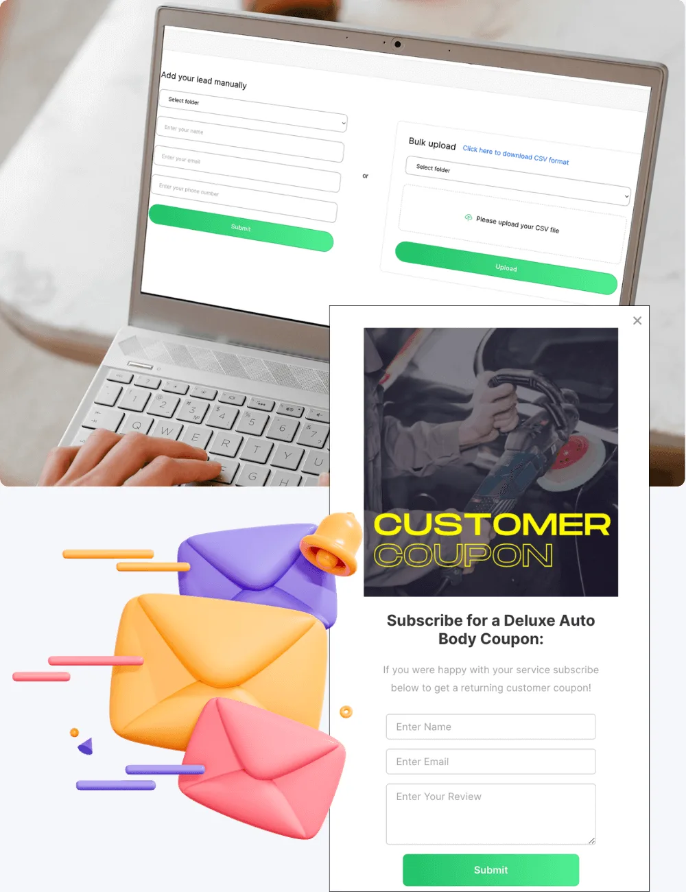 AIReputors lead finder showing local businesses with ratings and contact details