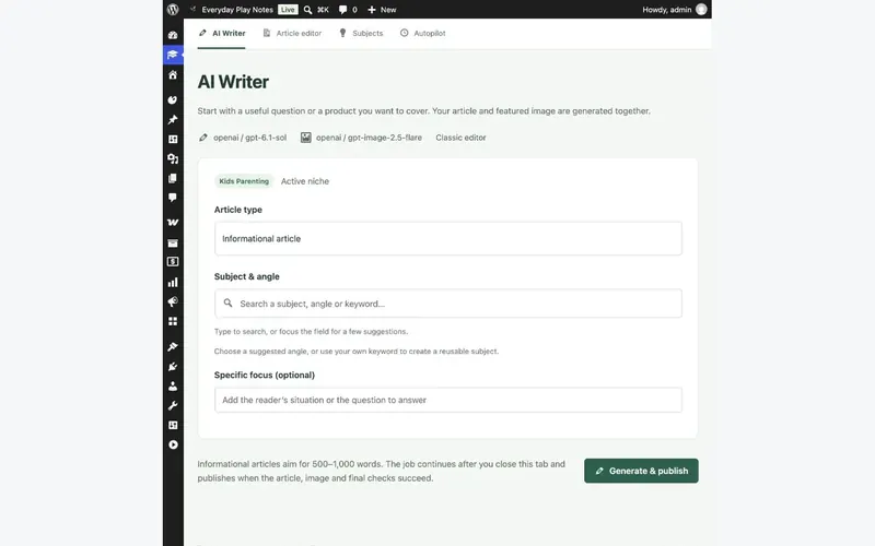 AI Writer inside WordPress