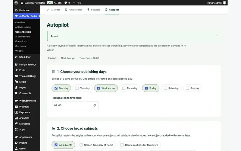 Autopilot schedule with publishing days and subjects