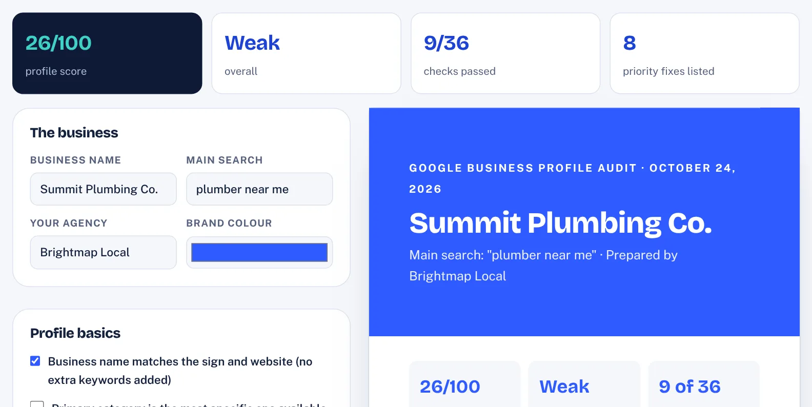 Google Business Profile Audit scoring a profile out of 100