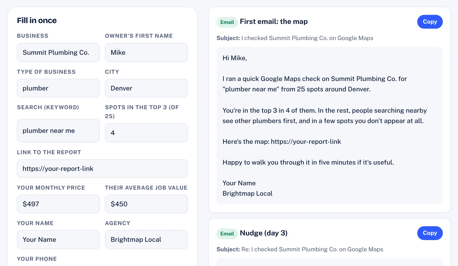 Map Report Outreach Library with messages filled in for a business