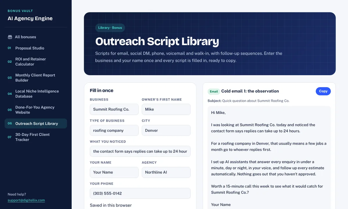 Outreach Script Library showing a cold email built from a business name, city and observation