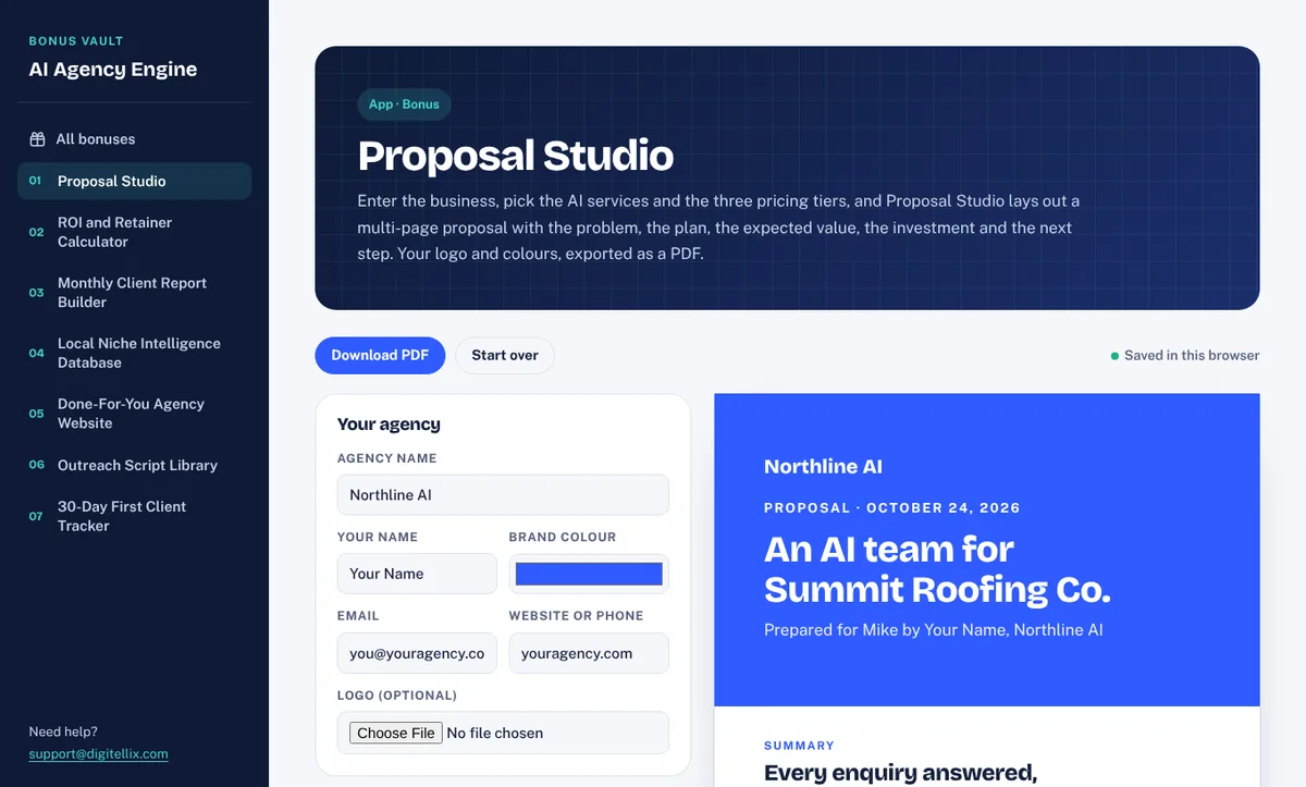 Proposal Studio showing a three-tier proposal for a roofing company