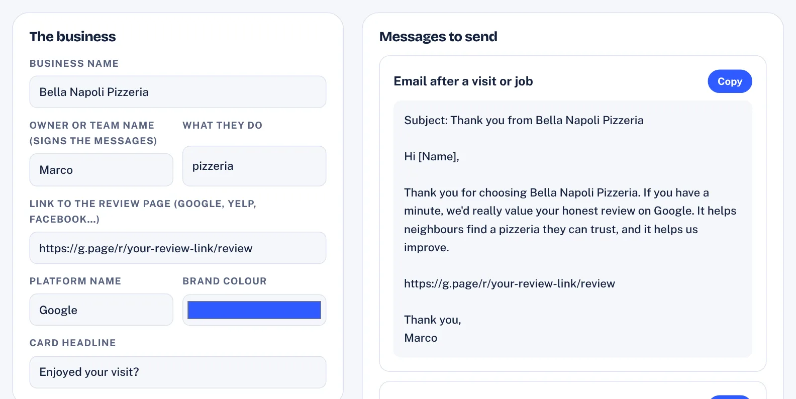Review Request Kit with email, SMS and WhatsApp review requests filled in