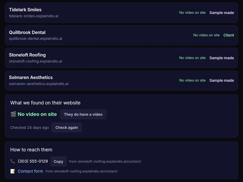 Explaindio business list showing businesses with no video on their website