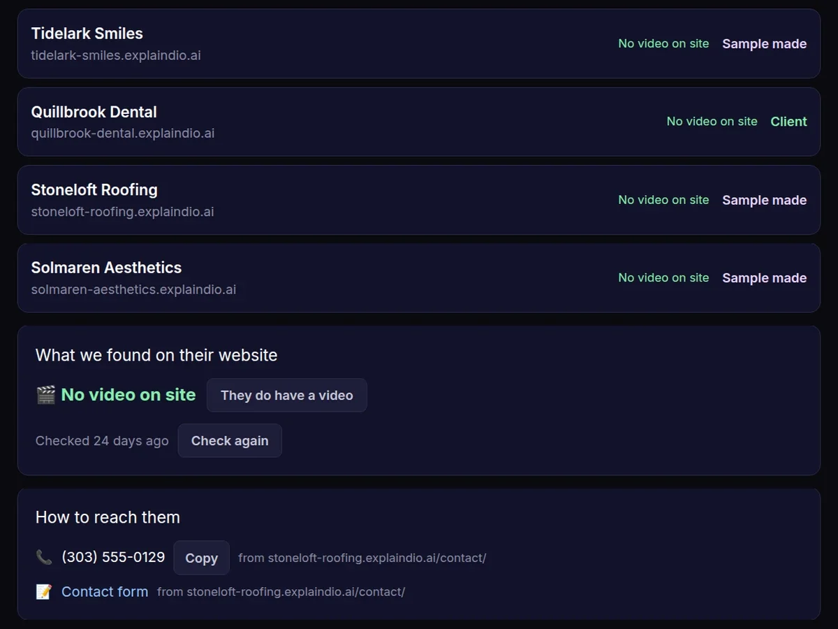 Explaindio business list flagging businesses with no video