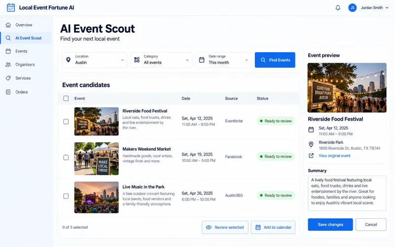 AI Event Scout listing event candidates for Austin