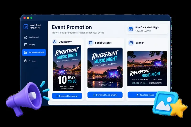 Event promotion materials: countdown, social graphic and banner