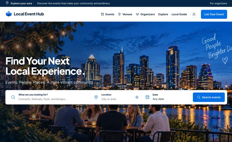 A branded local event website homepage with event search