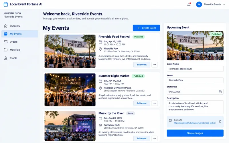 Organizer portal showing the organizer's events
