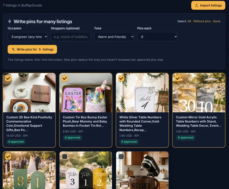 Writing pins for many listings at once