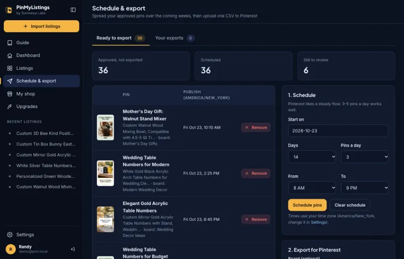 Scheduling approved pins and exporting them for Pinterest