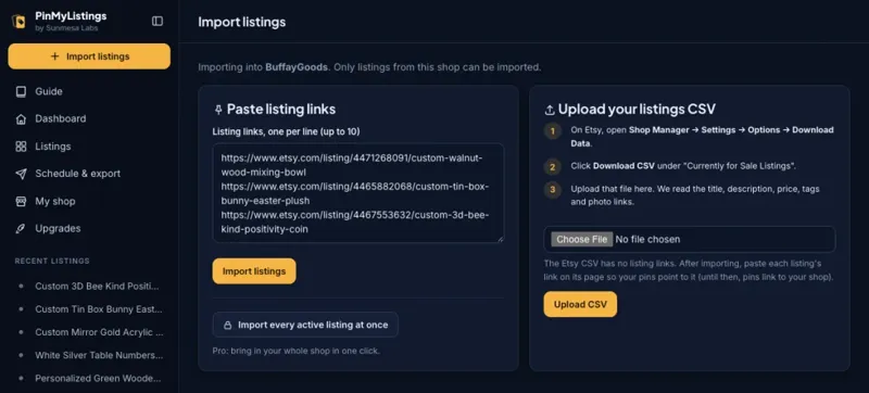 Importing Etsy listings by link or by the Etsy CSV