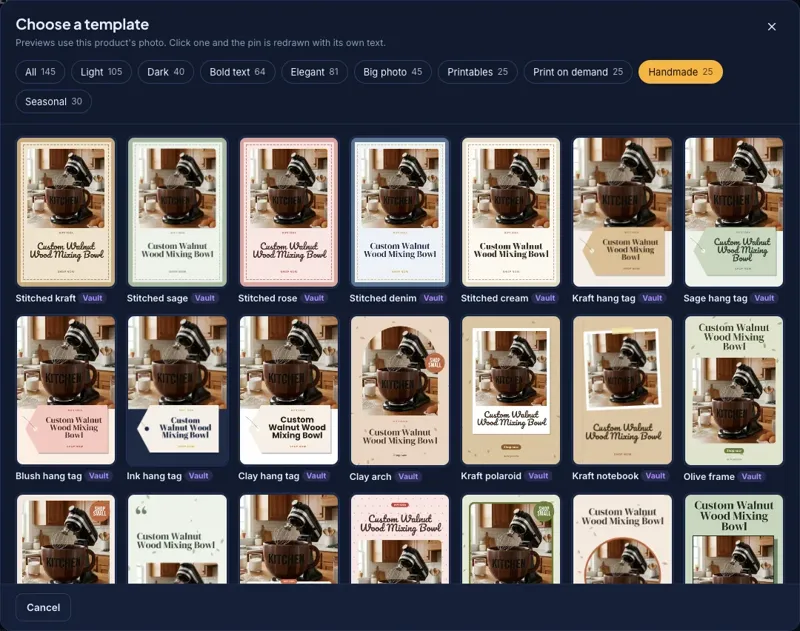 The pin template picker previewed with the seller's product photo