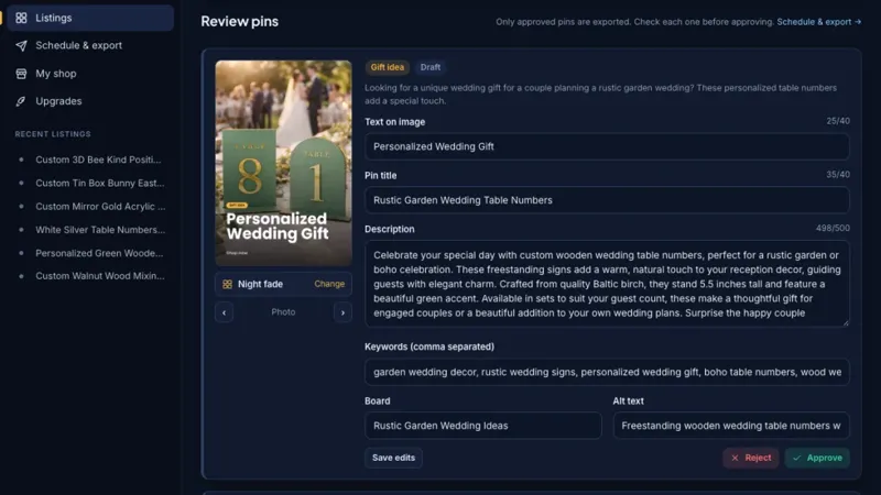 Reviewing an AI-written pin with its title, description, keywords, board and alt text