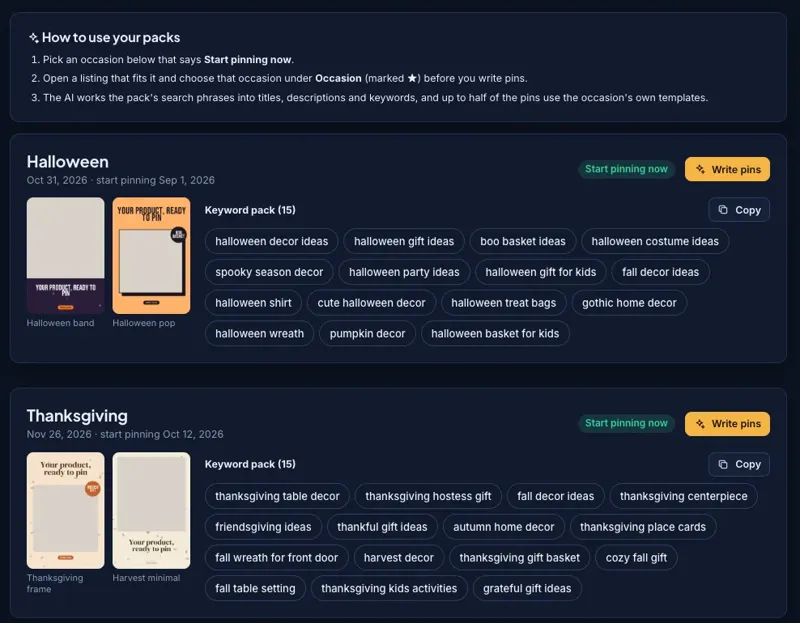 Seasonal gift packs with keyword packs and start-pinning dates