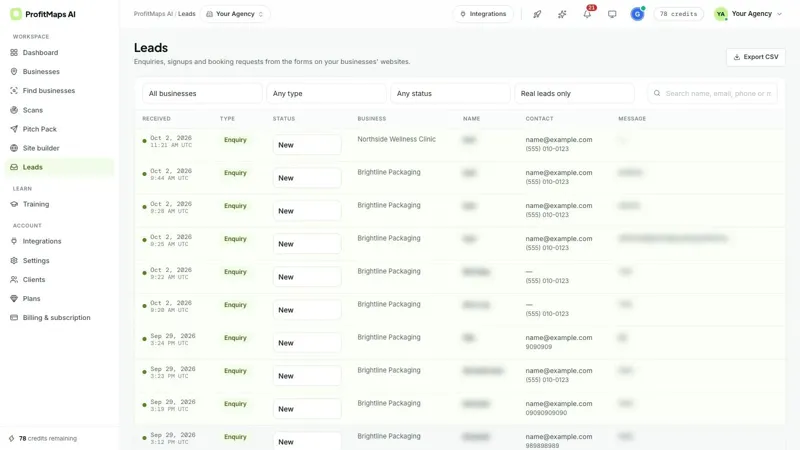 Leads inbox with type and status, names blurred