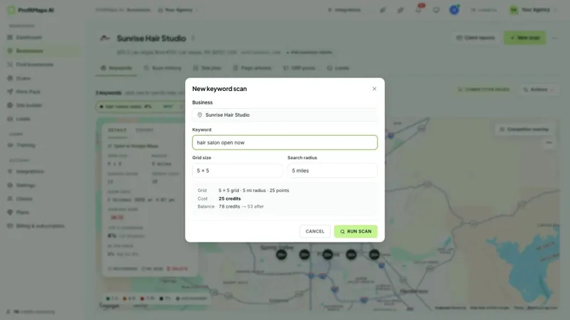 New keyword scan box with grid size, radius and credit cost