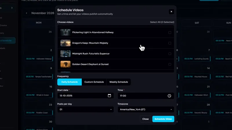 Schedule videos dialog with frequency, start date, time and time zone
