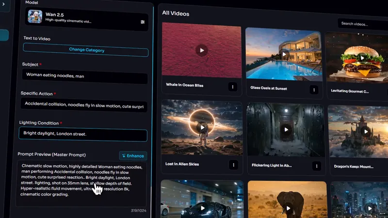 Video creator with subject, action, lighting and prompt preview fields