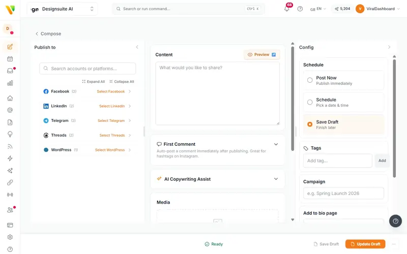 The ViralDashboard composer with platform selection