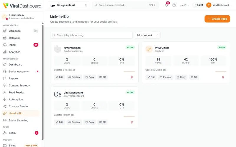 Link-in-bio pages with views and clicks